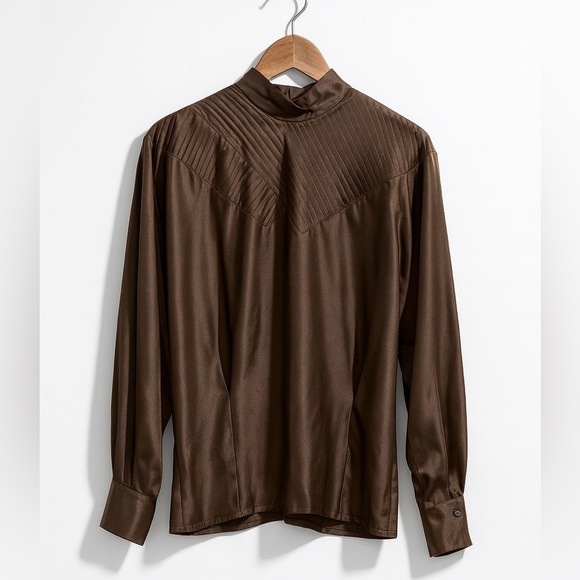 Joanie Char Tops - Joanie Char | 100% Silk Brown Button-Back Pleated Yoke Mock Neck Blouse Top 8